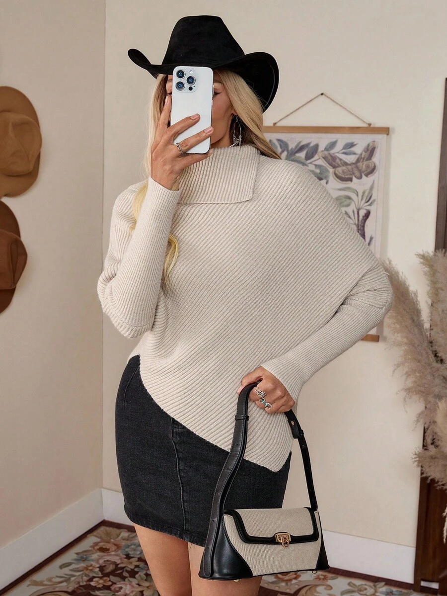 LanaWest Parte superior de punto de cuello alto con manga de murciélago asimétrica y unicolor, de estilo clásico. Elegante, versátil y apropiada para vacaciones, otoño/invierno