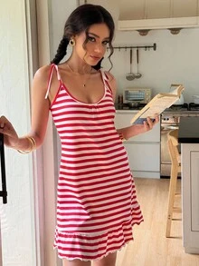SHEIN Váy ngủ không tay họa tiết sọc thời trang thường ngày, mùa hè - Nhiều màu - Xem 6