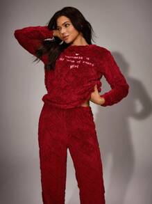 Women Slogan Embroidery Fleece Long Sleeve Top & Pants Pajama Set Cozy Outfit, Fall Winter Clothes - Burgundy - View 5