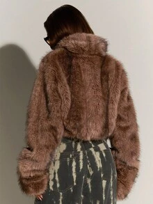 Athîral Women's Mocha Faux Fur Regular Jacket | Cloud-Soft Faux Fur Fabric, Cropped Relaxed Fit, Sculpted Lapel Collar, Long Sleeves, Ultra-Plush Texture, Minimalist Luxe Details For Effortless Fall And Winter Layering,Women's Winter Coat,New Year Clothes ,Stand Collar Fur Jumper, Winter Warm, Stylist, Fur Coat, Brown Jacket Women, Women Winter Clothes - Brown - View 3