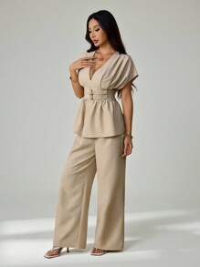 SHEIN PETITE Bộ đồ đi làm hàng ngày đơn giản và thanh lịch mới chất liệu tre mơ cổ chữ V hở eo khóa cài áo trễ vai & quần ống rộng ống đứng cạp cao - Màu Khaki - Xem 3