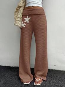 SHEIN EZwear Women's Solid Color Vacation Style Knit Wide Leg Pants - Coffee Brown - View 6