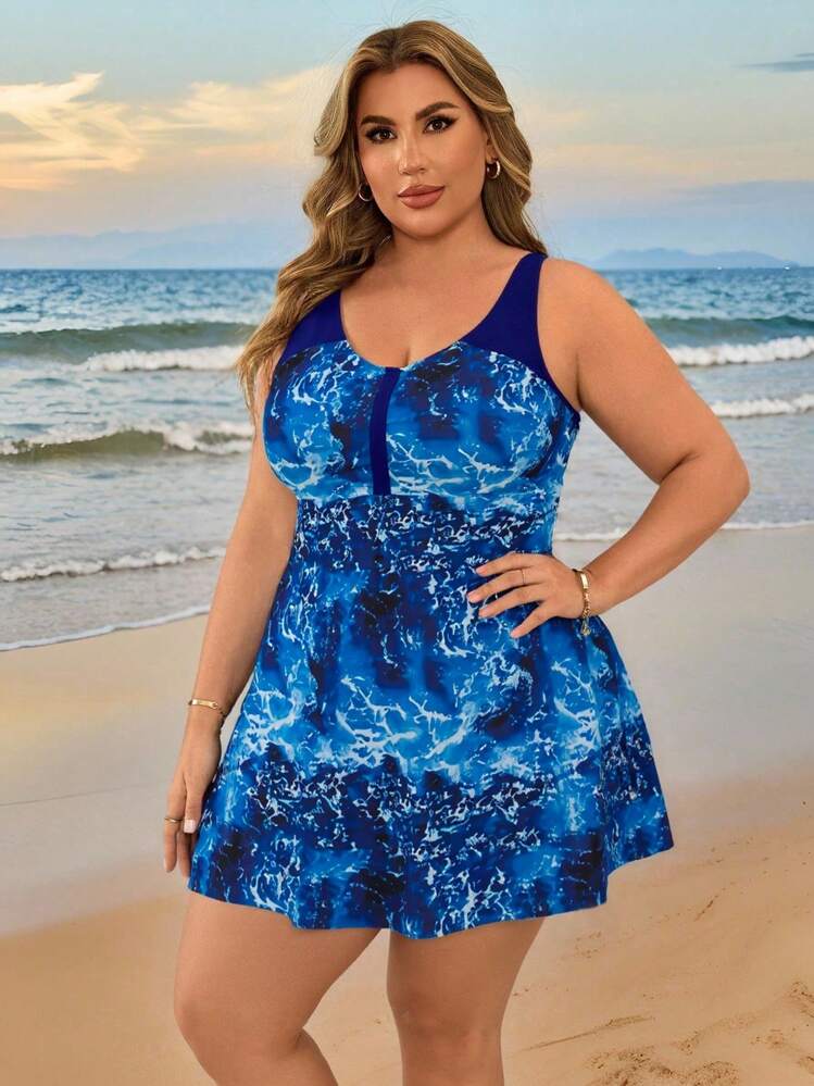 Swim Lushoire Plus Size Women Tie-Dye Digital Print Backless Bikini Top, Beach Vacation Swimsuit For Summer - Multicolor - View 4