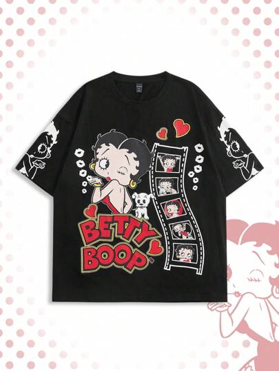 Betty Boop | ROMWE Camiseta de manga corta con cuello redondo, estampado de letras y dibujos animados, estilo de los años 2000 para hombres