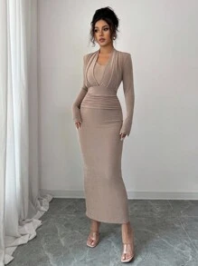 Elenzga 优雅浪漫V领褶皱中长连衣裙，适合度假和通勤 - 咖啡 - 查看 1