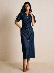 Poéselle 新款女式牛仔连衣裙短袖前襟收腰紧身长裙深蓝色连衣裙秋季女士连衣裙返校万圣节服装女教师连衣裙婚礼宾客连衣裙女式商务休闲装女式约会夜装 - 深色水洗藍 - 查看 5