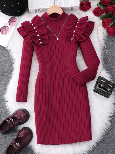 Sparklyn Tween Girls' Elegant Vintage Nobility Elegant Ruffle Collar Pearl Ribbed Slim Fit Long Sleeve Dress Fall Winter