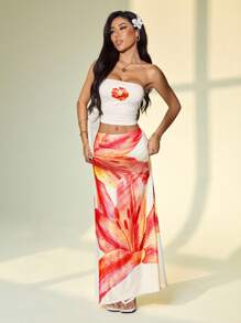 SHEIN PETITE Knitted Mesh Printed Low-Rise Fitted Fishtail Skirt For Women - Multicolor - View 8