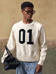 AKNOTIC 男士休闲针织套头衫 - 杏色提花圆领 - 可机洗或干洗 - 厚实摇粒绒针织面料 - 适合秋冬日常穿着 - 杏色 - 查看 3