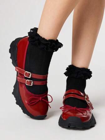 Goth Bailarinas de suela gruesa con lazo y punta redonda para mujer, material de PU, color borgoña, diseño con hebilla, adecuadas para deportes, graduación, fotografía