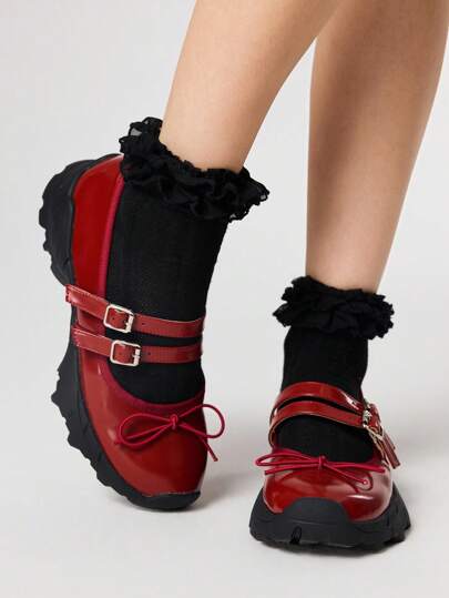 Goth Women's Bowknot Round Toe Chunky Sole Ballet Flats, PU Material, Burgundy Color, Buckle Design, Suitable For Sports, Graduation, Photography