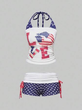 ROMWE Avant Vintage amerikanischer Street-Style Outfit, US-Flagge & Lippenstift Muster mit Stern Schnürung Bandeau 2-teiliges Set