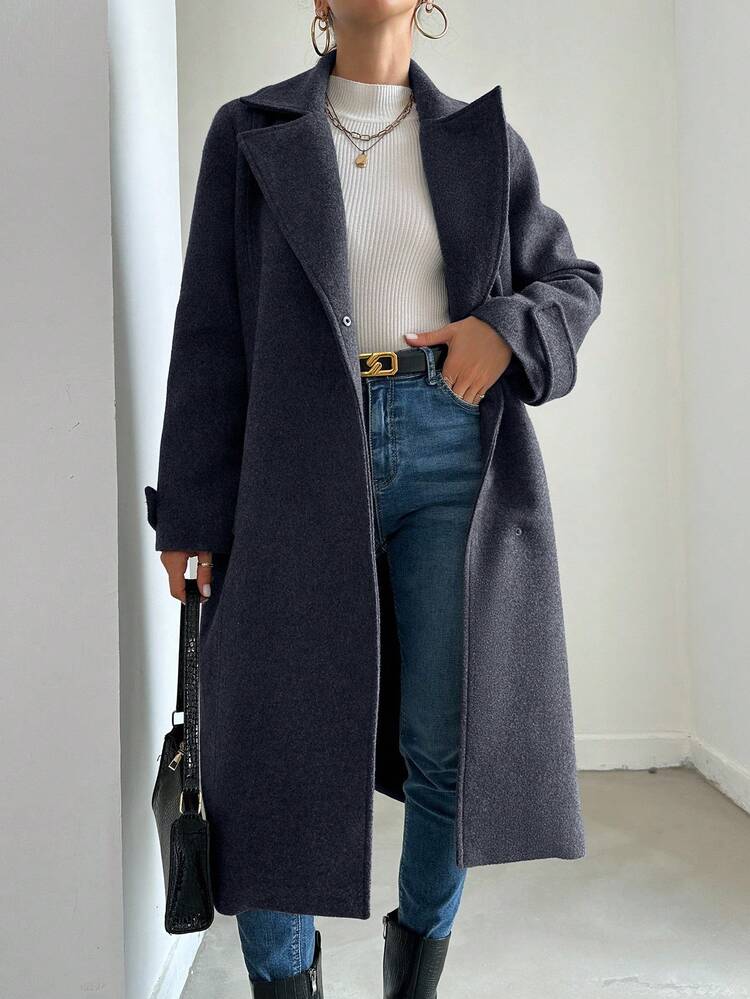 EURMUSE Women's Solid Color Lapel NeckLong Sleeve Loose Long Casual Wool Blend Coat - Dark Grey - View 4