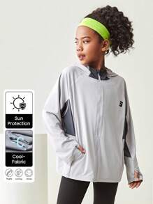 JNSQ Back To School Clothes, Tween Girls And Boys Clothes, Sports Clothing For Girls, Outdoor Professional Sports Windbreaker For Autumn, Children Hooded Patchwork Contrast Color Funny Letter Print Outdoor Sports Windbreaker - Grey - View 1