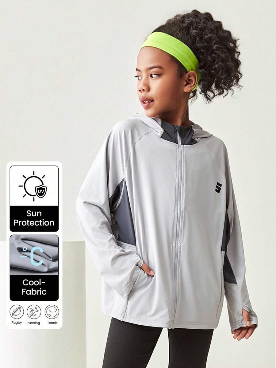 JNSQ Back To School Clothes, Tween Girls And Boys Clothes, Sports Clothing For Girls, Outdoor Professional Sports Windbreaker For Autumn, Children Hooded Patchwork Contrast Color Funny Letter Print Outdoor Sports Windbreaker - Grey - View 1