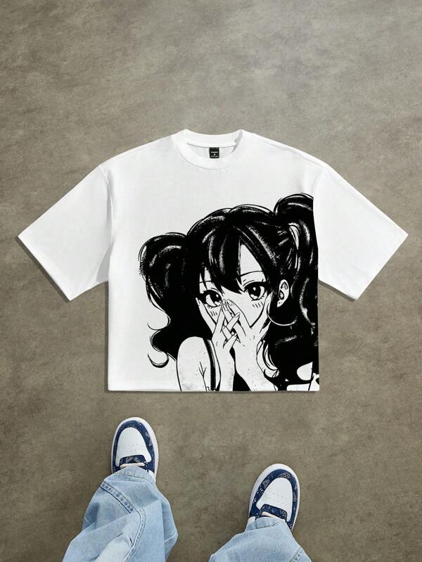 Manfinity ZONE917 Camiseta holgada de manga corta con estampado de personajes de dibujos animados para hombre, adecuada para el verano, regalo