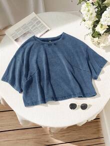 SHEIN EZwear Plus Size Washed Cotton Snowflake Short Sleeve T-Shirt, Navy Blue, Spring Women Denim Tops Baggy Crop Top