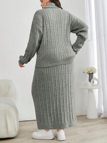 SHEIN Cottnline Cable Knit Turtleneck Sweater And Skirt 2 Pieces Set - Light Grey - View 2