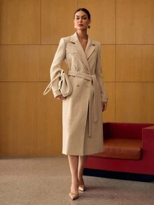 MOTF PREMIUM 羊毛花卉刺绣大衣，秋冬 - 卡其色 - 查看 5