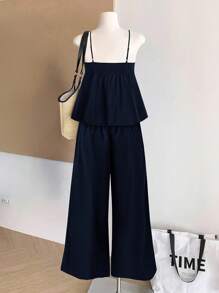 SHEIN LUNE Plus Size Women's Elegant Square Neck Pleated Camisole And Wide Leg Pants Casual Two Pieces Set