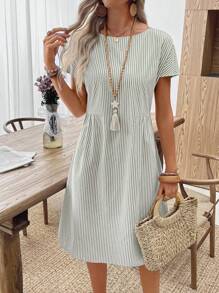 EMERY ROSE Váy cổ tròn sọc thường ngày mùa hè cho nữ Váy thường ngày mùa hè Váy ngắn tay mùa hè Váy sọc mùa hè Váy mùa hè cho nữ - màu xanh lá - Xem 10