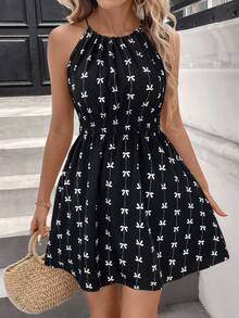 Easowa Damen lässiges Minikleid mit Schleife, Neckholder und ärmellos, Basic Outfit für den täglichen Sommertrag - Schwarz und Weiss - Übersicht 5