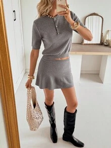 Siren Gaze 女士两件套针织套装，灰色通勤装 A 字裙 + Polo 领上衣，秋季新品 - 灰色 - 查看 8