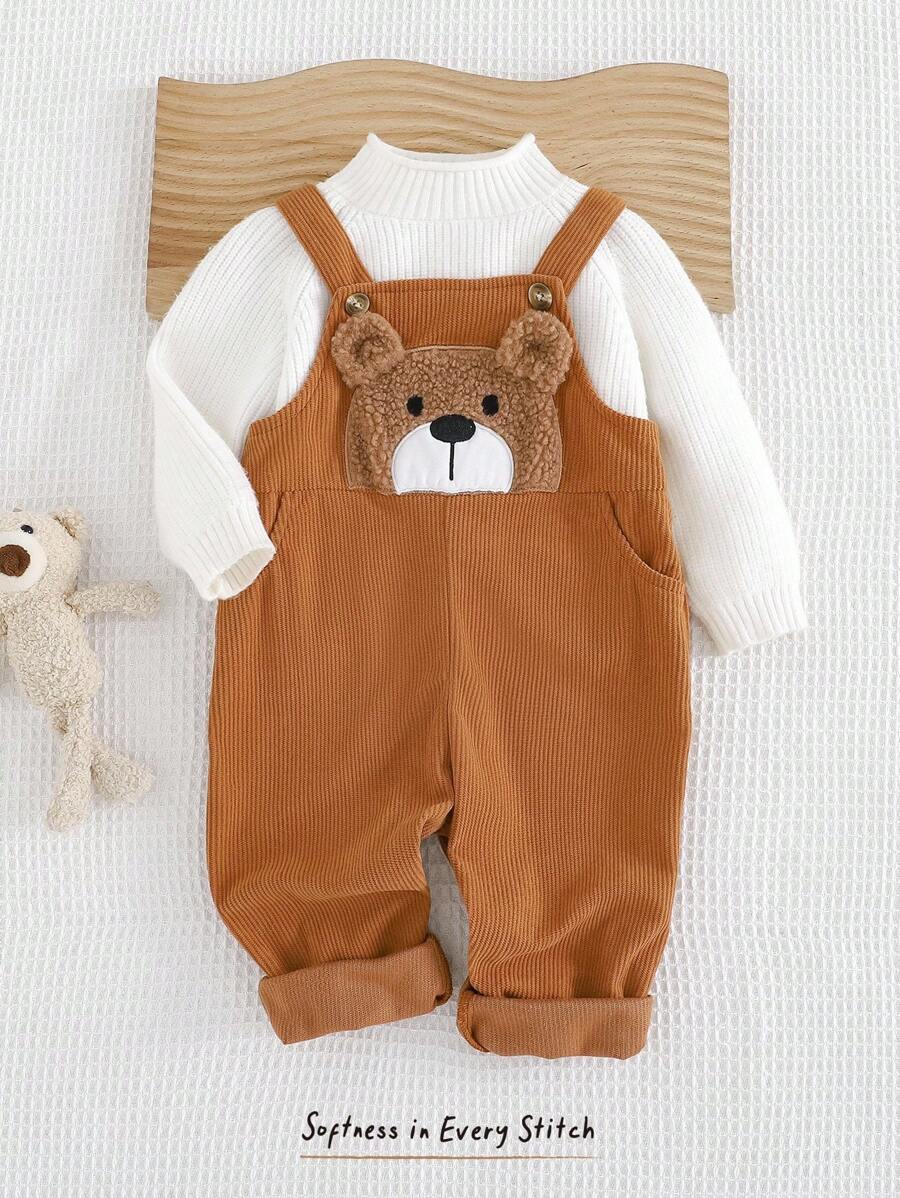 Cozy Pixies 男婴卡通熊图案背带裤/连体裤，百搭舒适的小熊背带裤，小熊摩卡色婴儿连体衣，男婴小熊套装，秋冬款 - 卡其色 - 查看 1