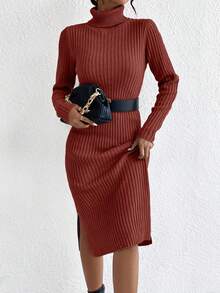 EURMUSE Vestido de punto ajustado de cuello alto de unicolor de otoño/invierno - Marrón - Ver 4