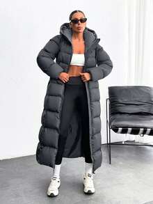 EURMUSE Iconic A Shape Silhouette Zip Up Hooded Padded Long Extra Warm Winter Coat - Navy Blue - View 6