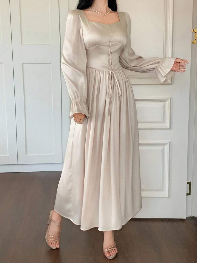 Women's Elegant Solid Color Criss-Cross Waist Midi Dress