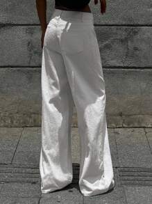 DAZY 女士小众提花牛仔裤，宽松直筒阔腿裤，垂坠长裤，高腰休闲裤 - 白色 - 查看 7