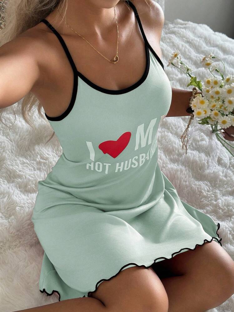 SHEIN 女式休闲字母印花吊带睡袍 - 綠色 - 查看 6