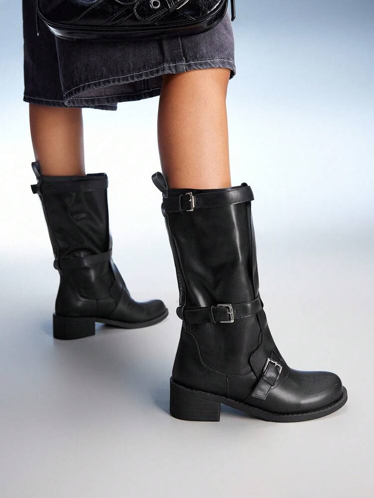 CUCCOO GRLICON Round Toe Molded Sole Black Bow Decor Ruched Design Women's Mid-Calf Boots, Suitable For Back To School, Halloween, Christmas, Party Outfits