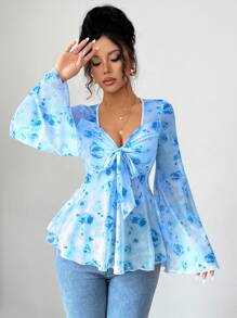 Elenzga 新款印花网纱透视喇叭袖蝴蝶结前襟休闲优雅女式T恤秋季女装 - 藍色 - 查看 5