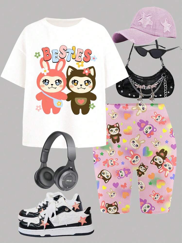 SHEIN 2pcs Cute Funny Colorful Cartoon Animal Print Casual Tween Girls Short Sleeve T-Shirt And Shorts Set, Summer - Multicolor - View 4