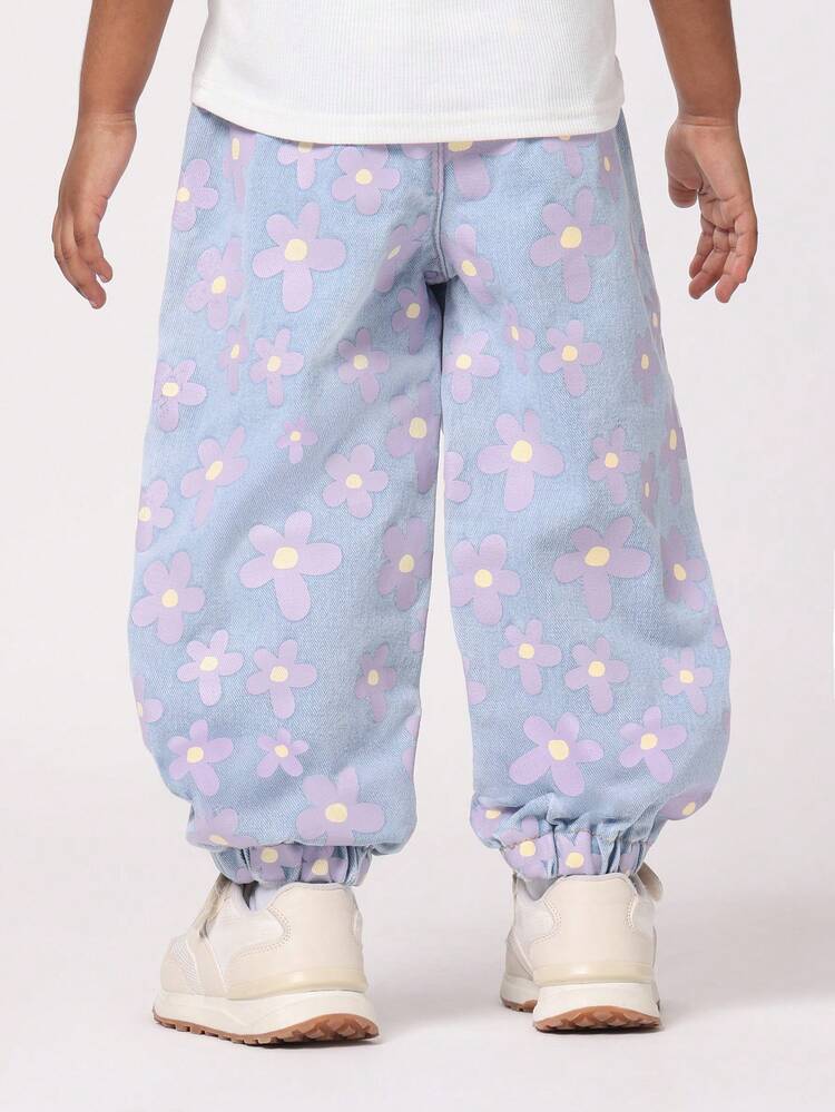 Floral Print Denim Cargo Pants With Elastic Ankles