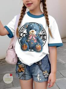 SHEIN Leap Crew Y2K 复古链条图案，泰迪熊印花，少女休闲简约短袖上衣和短裤两件套，适合夏季霓虹海滩风情，波西米亚嬉皮风格，音乐节返校服饰，2000 年代风格，Y2K 服饰 - 彩色 - 查看 1