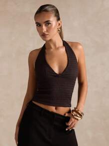 SHEIN BAE Women's Sexy Solid Color Backless Halter Top, Summer - Coffee Brown - View 6