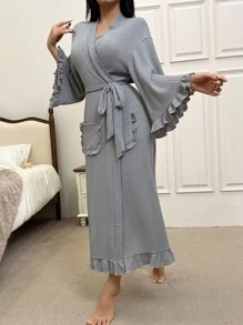 Casual Women's Half Sleeve Grey Robe With Knot Detail And Ruffled Hem - Grey - View 3