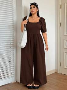 SHEIN EZwear Plus Size Women's Solid Color Puff Sleeve Loose Casual Summer Jumpsuit Brown Jumpsuit Women Puff Sleeve Brown Jumpsuit Casual Jumpsuits For Women - Brown - View 1