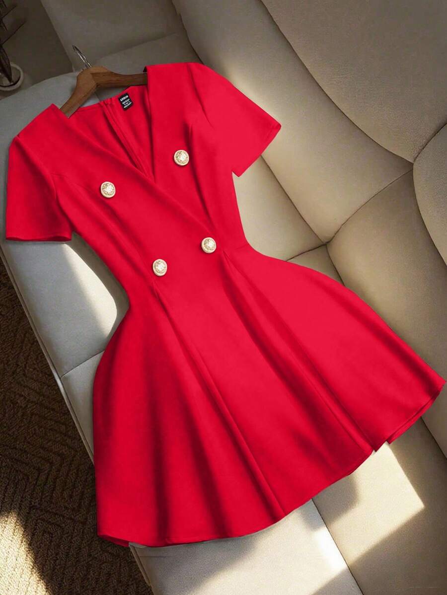 SHEIN LUNE 女式纯色交叉裹身双排扣优雅短袖迷你连衣裙 - 紅色 - 查看 1