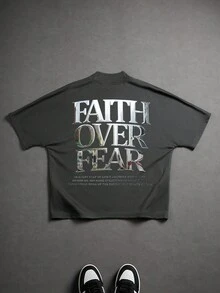 PAVTROS 男士休闲插肩袖T恤，背面饰有字母图案，夏季 - 深灰色 - 查看 1