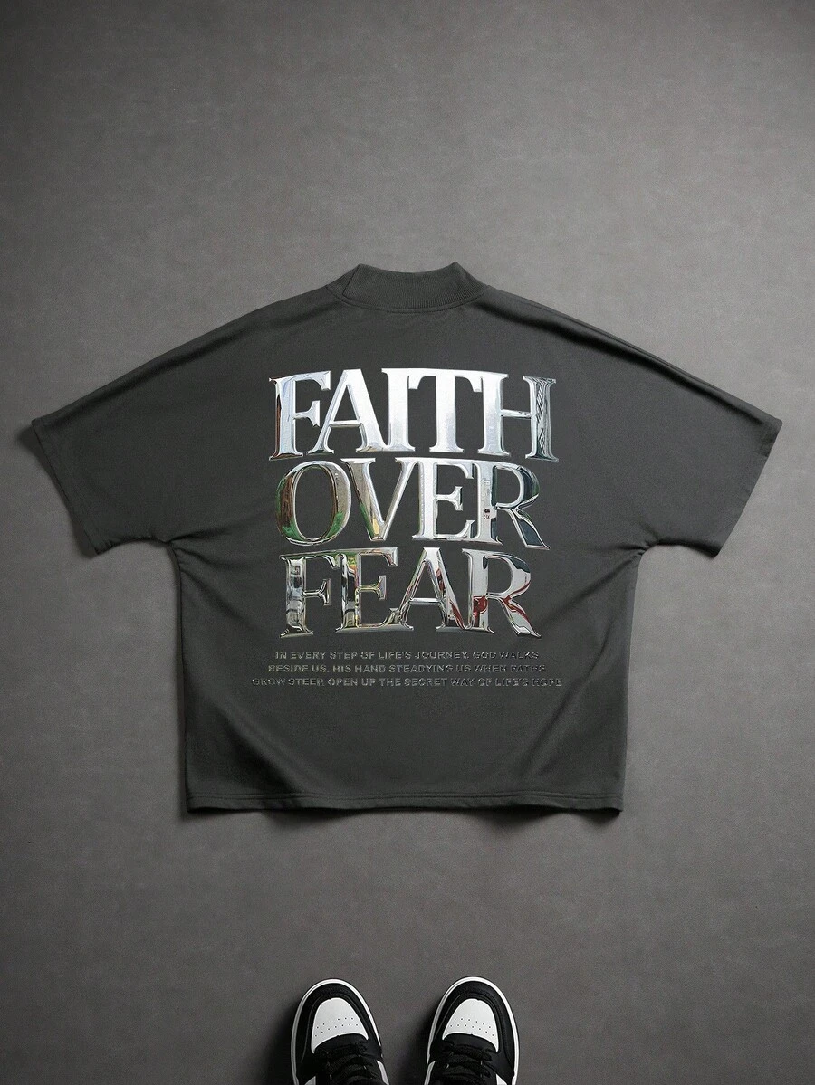 PAVTROS 男士休闲插肩袖T恤，背面饰有字母图案，夏季 - 深灰色 - 查看 1