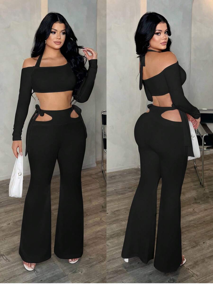 SHEIN SXY Bộ đồ 2 món vải dệt kim màu trắng co giãn cao, thoáng khí, thoải mái cho nữ: Áo crop top hở vai, cổ yếm, buộc dây + Quần ống loe khoét eo, thích hợp mặc hàng ngày, dự tiệc, mặc nhà thường ngày - màu đen - Xem 1