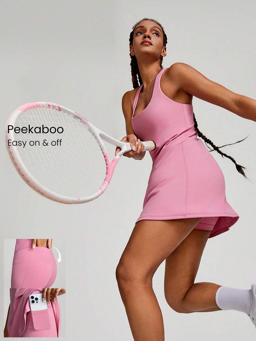 GLOWMODE FeatherFit™-Air Peekaboo 每天內建短褲口袋防滑連身裙，輕支撐低衝擊瑜伽工作室春季裙，夏季裙