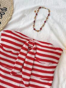 SHEIN 少女度假条纹针织红白针织褶皱面料抹胸吊带领蝴蝶结连体裤，舒适贴身，适合派对、情人节，可作为内衣或外套穿着 - 紅白色 - 查看 3