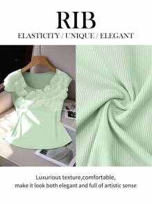 Elenzga 优雅蓝色3D花卉装饰女式T恤 - 綠色 - 查看 3