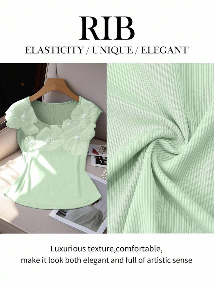 Elenzga Áo thun nữ họa tiết hoa 3D màu xanh thanh lịch - màu xanh lá - Xem 3