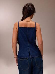 SHEIN Forever 21 1pc Women V-Neck Sleeveless Bodycon Denim Camisole Top, For Commuting - Dark Wash - View 2